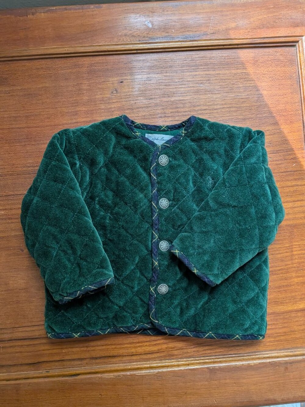 Ralph Lauren Baby 9M Emerald Green Quilted Velvet Jacket Tartan Plaid Trim